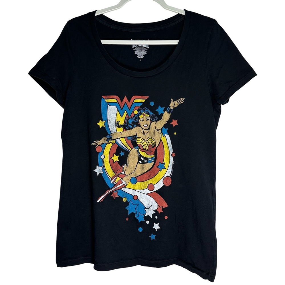 True Vintage Wonder Woman Graphic Tee Black Cotton Scoop Neck Shirt Size 0